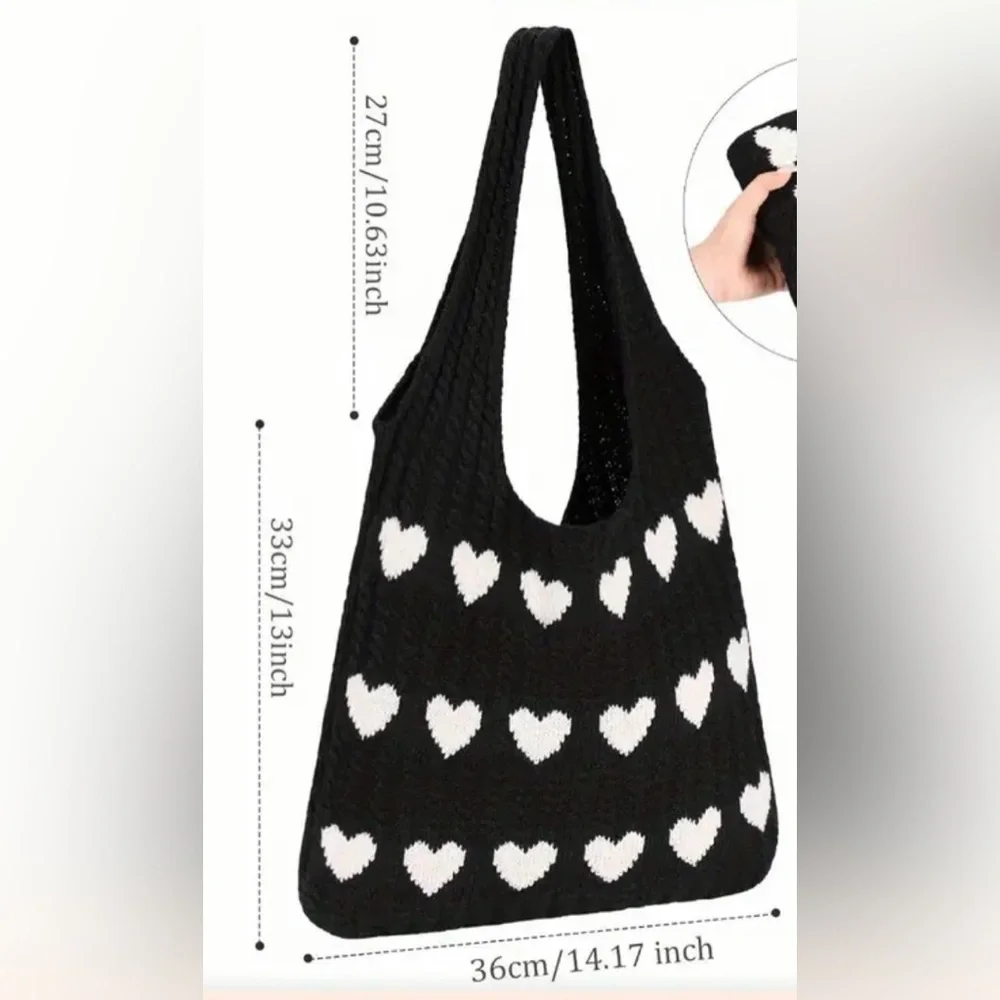 Crochet tote bag purse cream with black hearts NEW